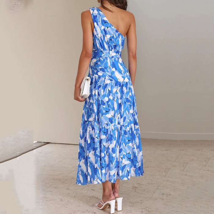 New Fashion Printed One Shoulder Sleeveless Party Style Mid Dress
