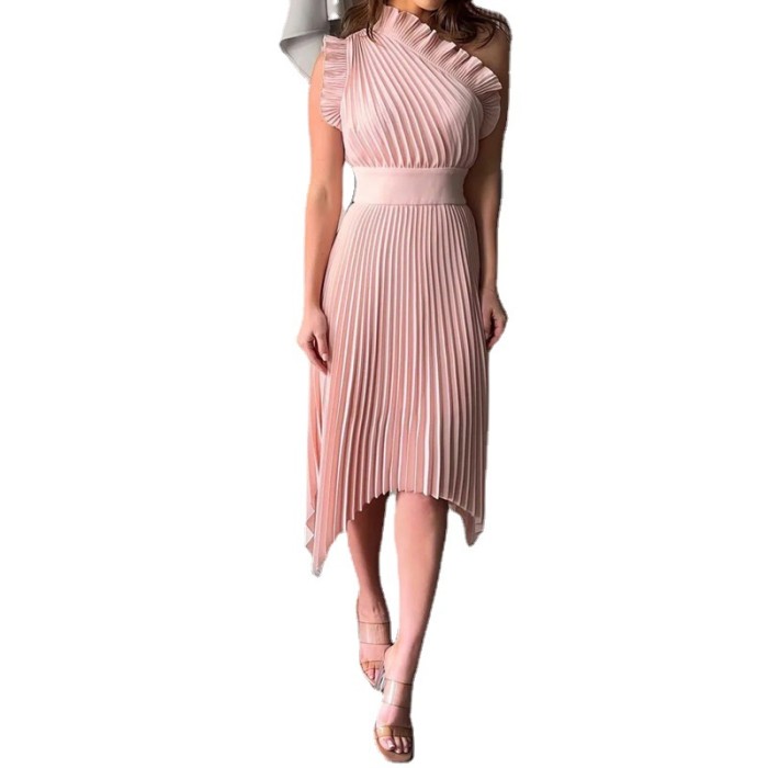 Solid Color Summer Ruffled One Shoulder Sleeve Temperament Waist Elegant Midi Dress