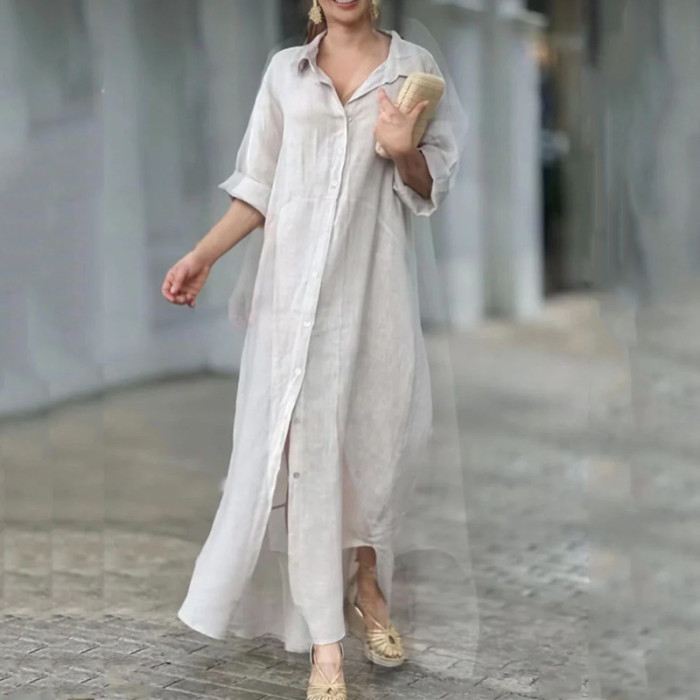 Fashion Casual Loose Stand Collar Slim Simple Cardigan Home  Maxi Dress