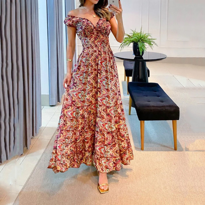 Women's Elegant Color Fashion Temperament V-neck Printed Ripple  Maxi Dress