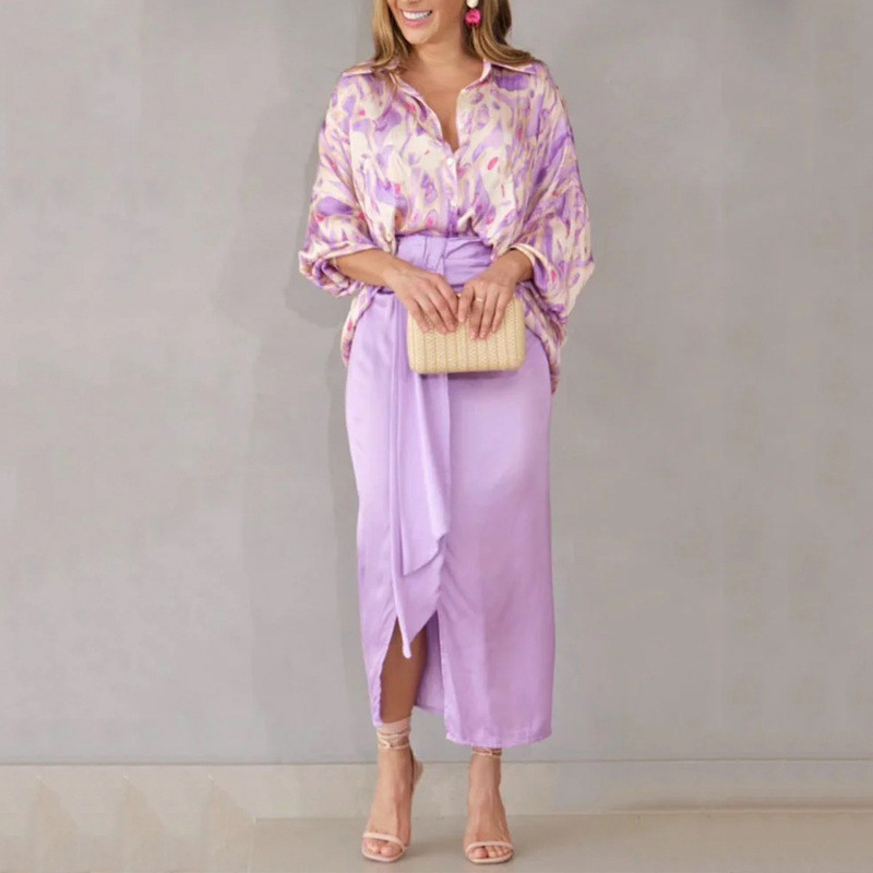 New Fashion Elegant Casual Print Temperament Purple Lace Skirt  Two Pieces Set