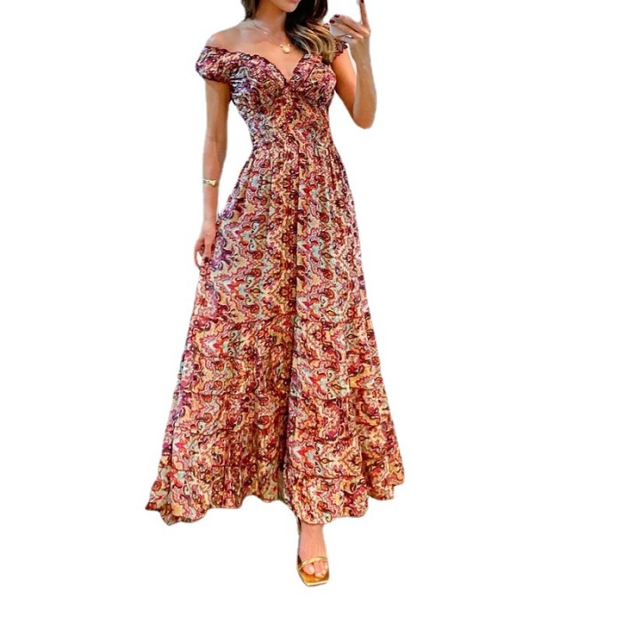 Women's Elegant Color Fashion Temperament V-neck Printed Ripple  Maxi Dress