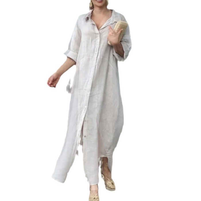 Fashion Casual Loose Stand Collar Slim Simple Cardigan Home  Maxi Dress