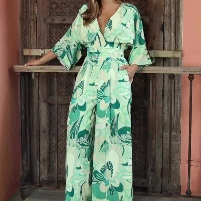 Women's Elegant Fashion Home Beach Print Deep V Belt Suit Pants Two Pieces