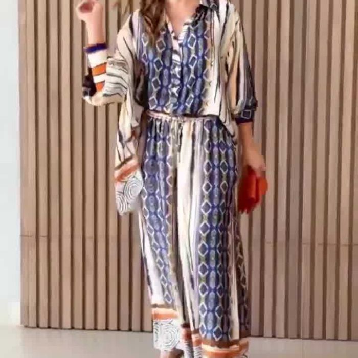 Women's Casual Home Print Belt Decorative Button Long Suit Pants Two Pieces