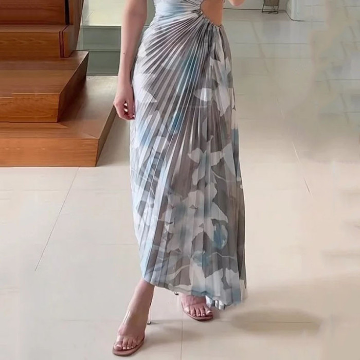 Printed Sexy Strapless Strap Waist Party Elegant Fashion Slim  Maxi Dress