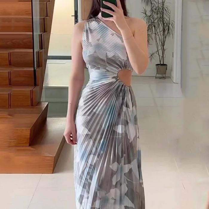 Printed Sexy Strapless Strap Waist Party Elegant Fashion Slim  Maxi Dress