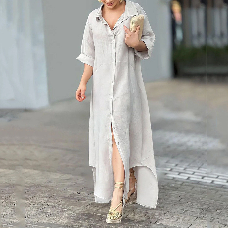Fashion Casual Loose Stand Collar Slim Simple Cardigan Home  Maxi Dress