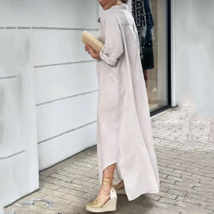 Fashion Casual Loose Stand Collar Slim Simple Cardigan Home  Maxi Dress
