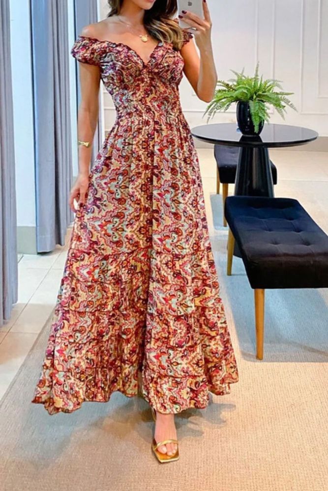 Women's Elegant Color Fashion Temperament V-neck Printed Ripple  Maxi Dress