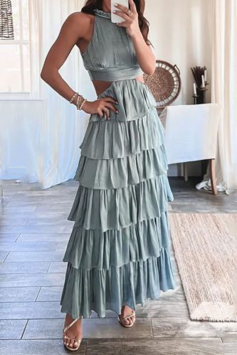 Fashion Halter Neck Sleeveless Top High Waist Stitching Cake Party  Maxi Dress