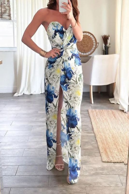 Fashion Tube Top Temperament Waist Elegant Party Printed  Maxi Dress