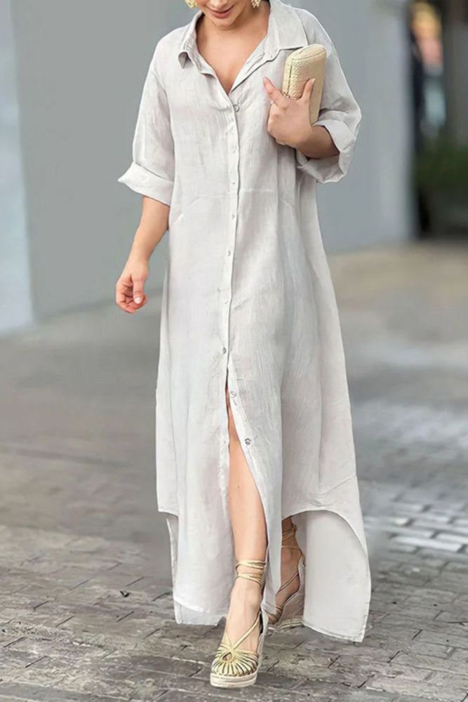 Fashion Casual Loose Stand Collar Slim Simple Cardigan Home  Maxi Dress