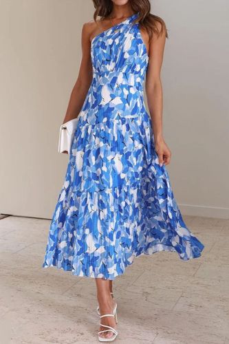 New Fashion Printed One Shoulder Sleeveless Party Style Mid Dress