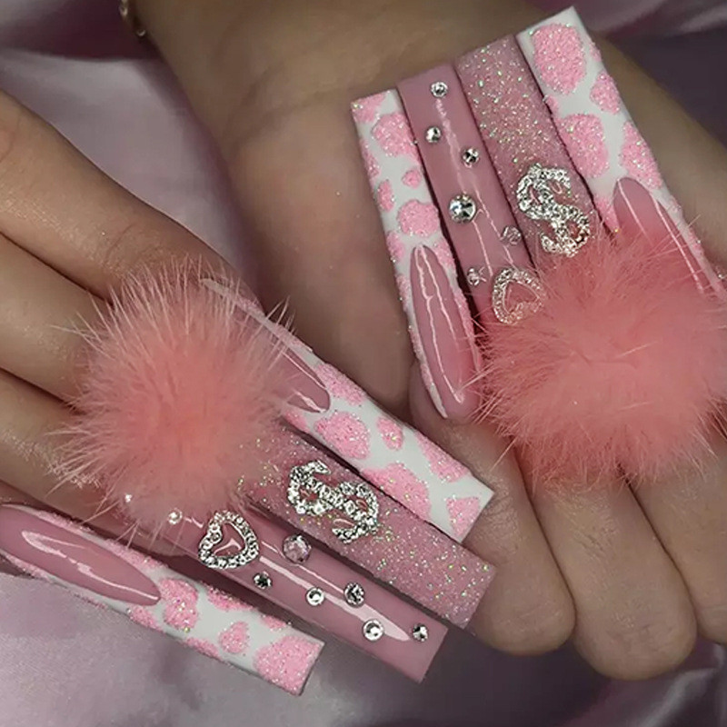 Pink Marshmallow Ball Diamond Dress Up Ballerina Nail Art