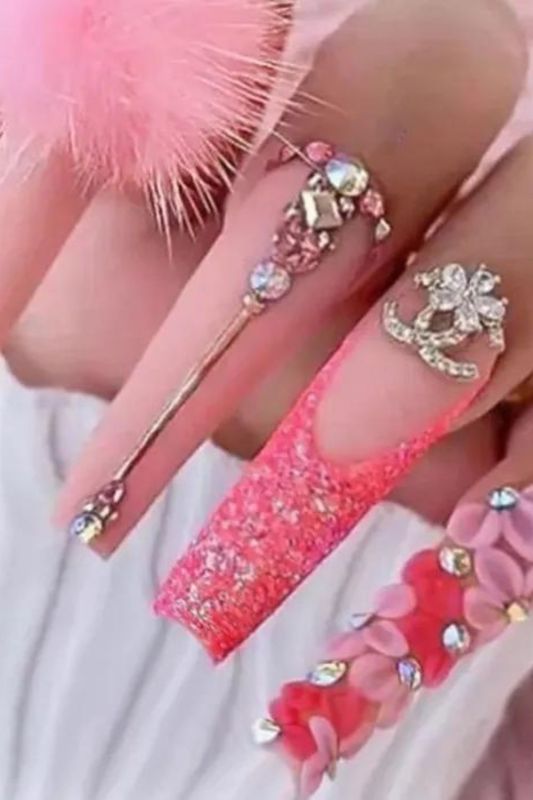 Fashionable and Lovely Diamond Peach Fur Ball Wear Long Ballet manicure