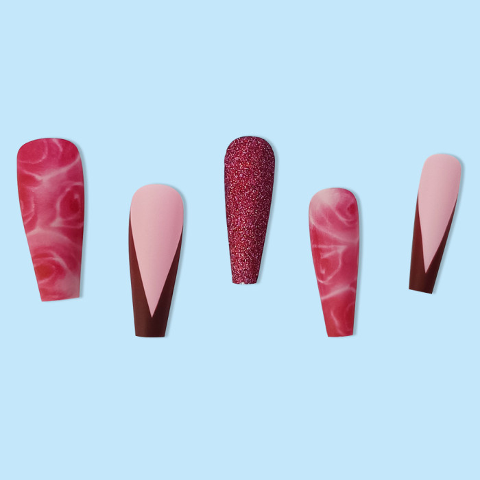 Pink Rose Nail Length Shiny Burgundy V-shaped Nail Art Chip