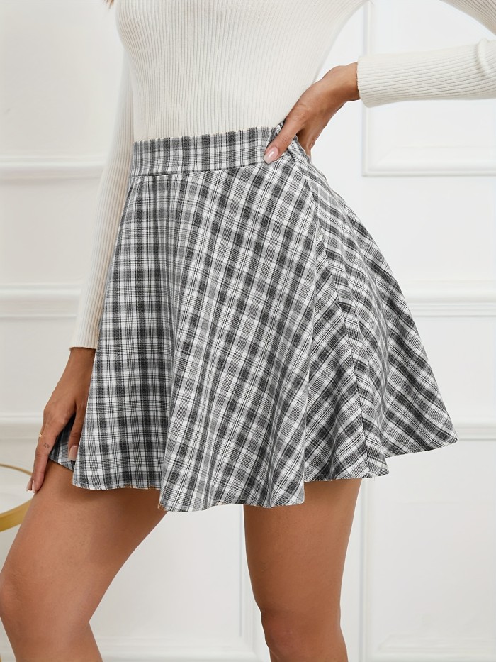 Kpop Plaid Mini Skater Skirt, High Waist Casual Skirt For Spring & Summer, Women's Clothing