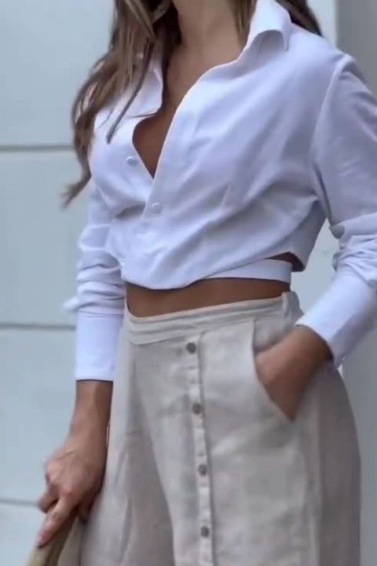 Women's Fashion Simple Lapel Shirt Navel Button Casual Suit Pants Two Pieces