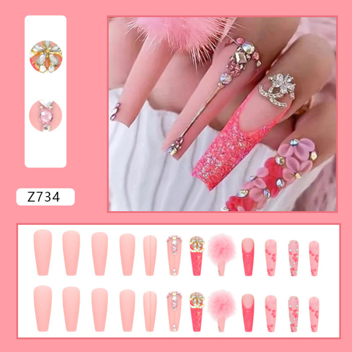Fashionable and Lovely Diamond Peach Fur Ball Wear Long Ballet manicure