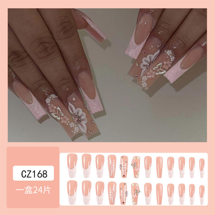 24PCS Long T Printing Gold Butterfly Glitter Rhinestone Wearable Nail Art