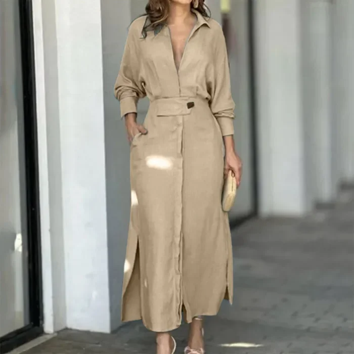 Women Fashion Elegant Temperament Solid Color Elegant Long Sleeve  Maxi Dress