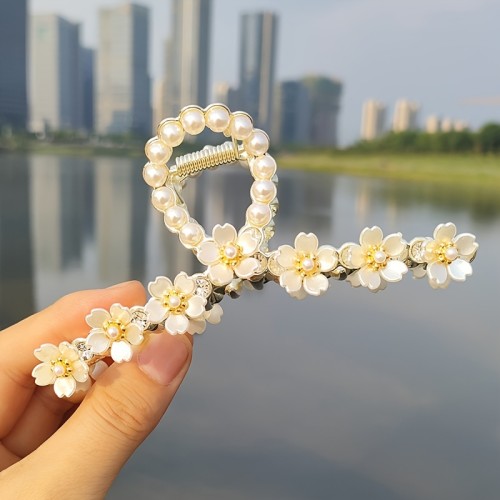 Elegant Faux Pearl Rhinestone Hair Claw Clip with Strong Hold Grip for Thick Hair - Non-Slip Hair Jaw Clip for Women