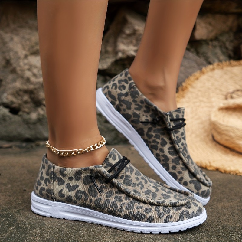Women's Leopard Print Canvas Shoes, Fashion Lace Up Flat Shoes, Lightweight Round Toe Outdoor Walking Shoes