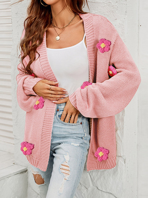 Floral Knitted V-Neck Sweater Jacket Retro Chic Loose Cardigan