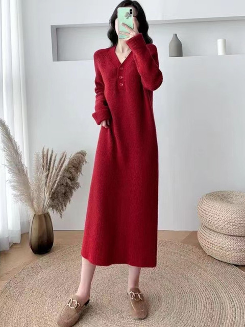 Women's Sweater Dress Solid V-neck Pullover Fashion Long Sleeve Knitted Elegant Dress