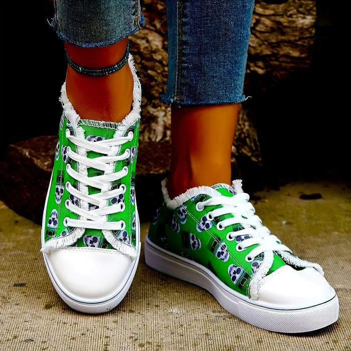 Women's Skull Printed Sneakers, Low-top Lace Up Round Toe Flat Non-slip Casual Shoes, Comfy Outdoor Halloween Shoes