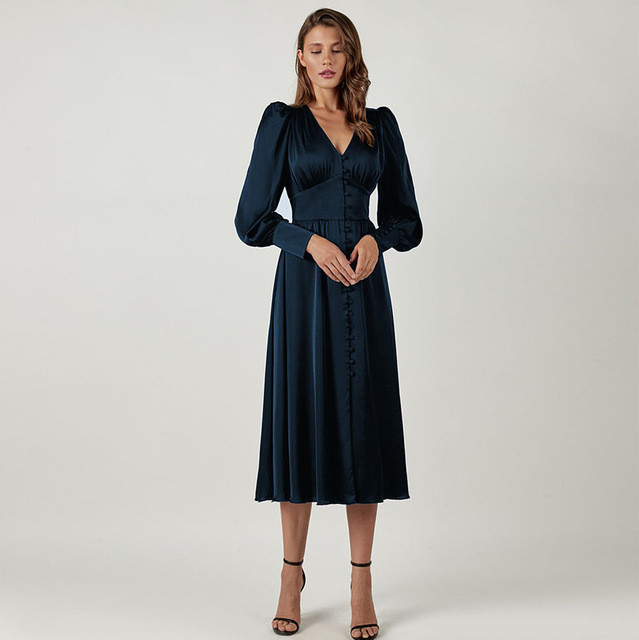 Elegant Fashion V Neck Satin High Waist Vintage Slit Maxi Dress