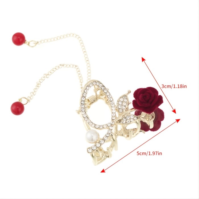 Rhinestone Red Rose Faux Pearl Tassel Hair Claw Clip Elegant Golden Non-Slip Strong Hold Grip Hair Jaw Clip For Thick Hair Accessories