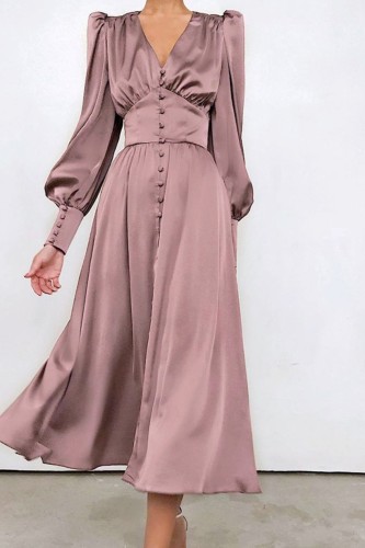 Elegant Fashion V Neck Satin High Waist Vintage Slit Maxi Dress