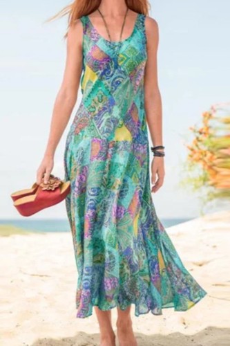 Elegant Fashion Loose A-Line O-Neck Sleeveless Printed Bohemian Holiday Maxi Dress