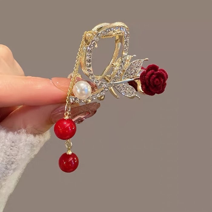 Rhinestone Red Rose Faux Pearl Tassel Hair Claw Clip Elegant Golden Non-Slip Strong Hold Grip Hair Jaw Clip For Thick Hair Accessories