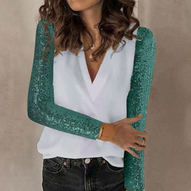 Women's Fashion Patchwork Sequins Casual Long Sleeve Elegant Loose Blouse