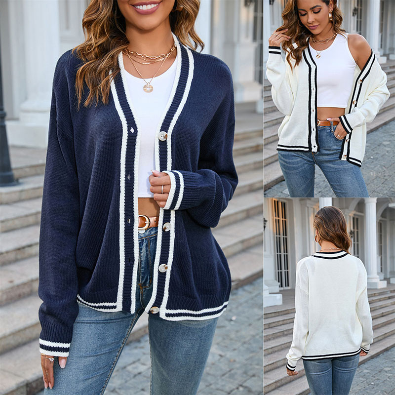 Women's Loose Striped Casual Fashion V-Neck Knit Cardigan