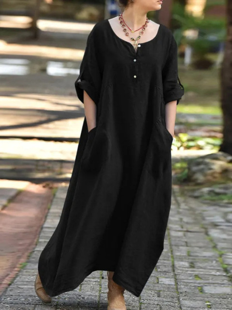 Casual LOOSE  Large Size O-Neck Robe Korean Fashion Cotton and Linen Summer Dress