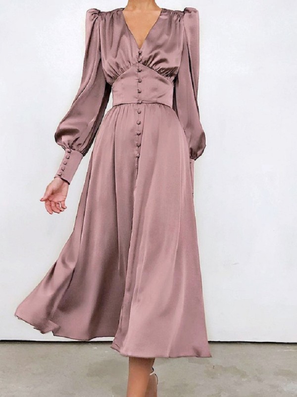 Elegant Fashion V Neck Satin High Waist Vintage Slit Maxi Dress