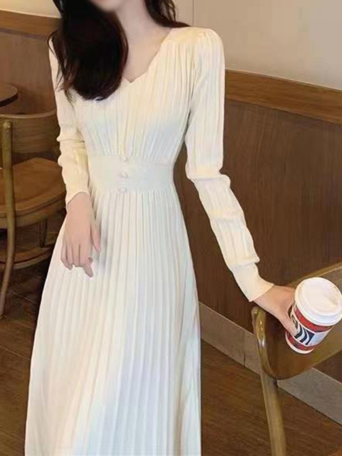 V-neck High Waist Pleated Knitted Warm Long Sleeve Pullover Solid Color Long A-line Woolen Dress