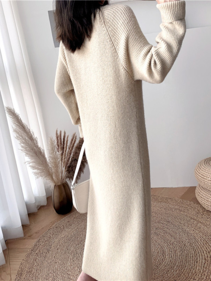 Women's Sweater Dress Solid V-neck Pullover Fashion Long Sleeve Knitted Elegant Dress