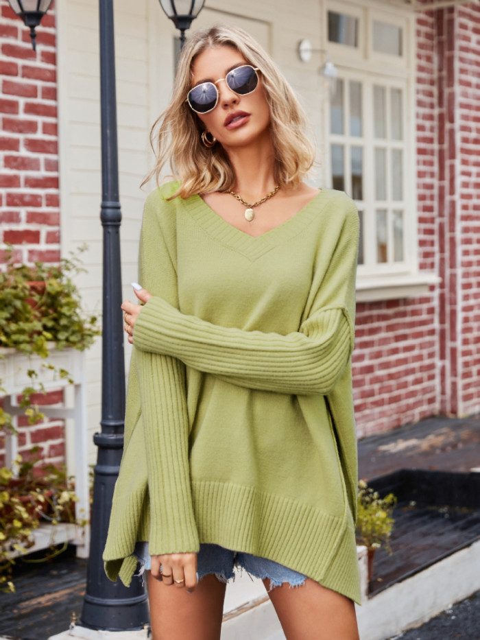 Women V Neck Street Pullover Oversized Knit Solid Color Loose Retro Top Sweater
