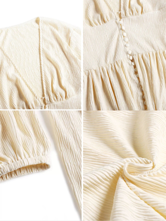 Retro Solid Color Temperament V-neck  Waist Pleated Loose Temperament Long-sleeved Dress