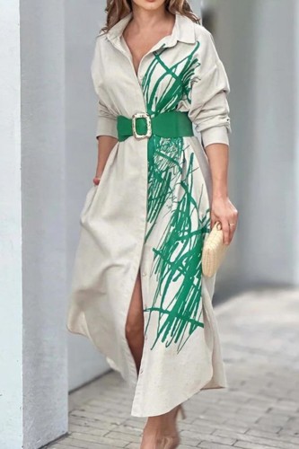 Fashion Casual Elegant Print Versatile Lapel Party Belt Maxi Dress