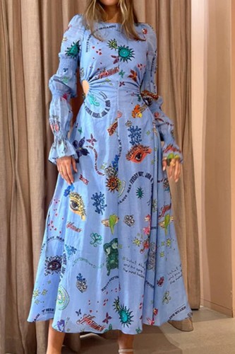Fashion Ladies Elegant Printed Painted Lantern Sleeve  Maxi Dress