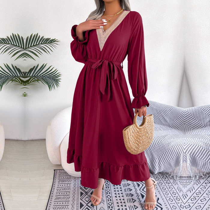 Women's V-Neck Tie High Waist Ruffled Solid Color A-Line Maxi Dress