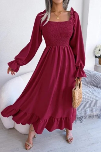 Fashion Casual Solid Color Square Neck Flared Large Swing Ruffle Maxi Dress
