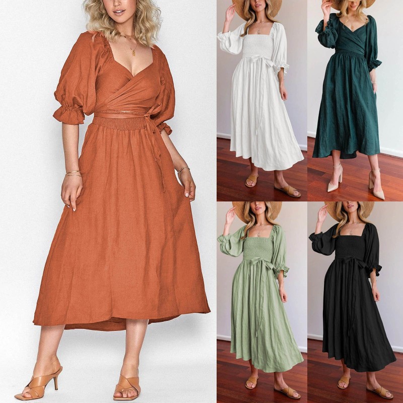 Fashion Solid Color Casual Elegant Design Elastic Band Vintage Sleeve Maxi Dress