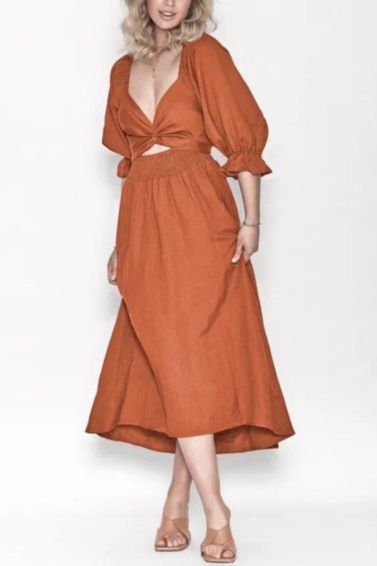 Fashion Solid Color Casual Elegant Design Elastic Band Vintage Sleeve Maxi Dress